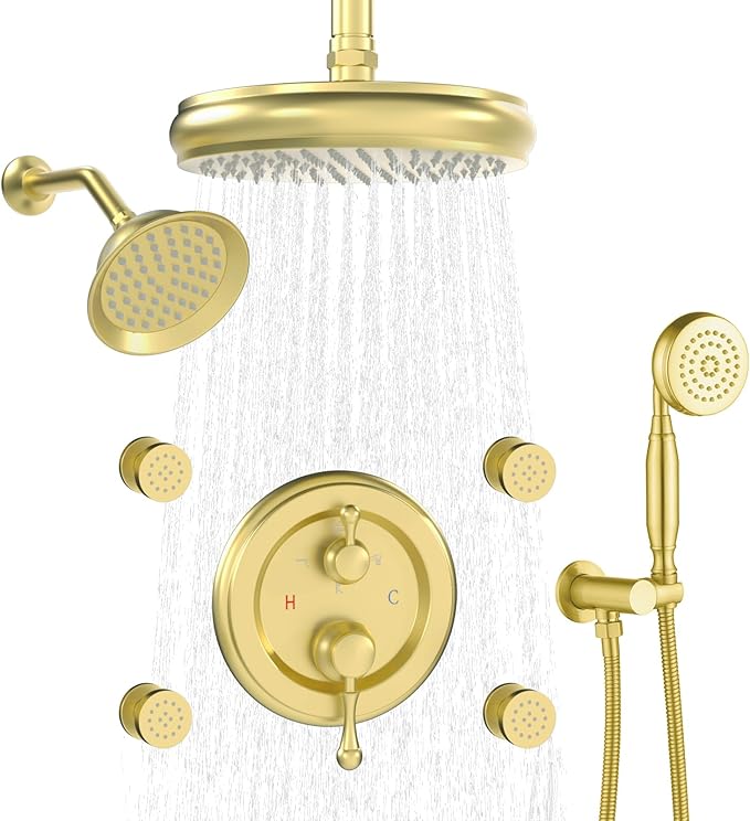 Enga Antique Shower Faucet Sets Dual Heads with 4 Body Jets, 8" + 6" Ceiling & Wall Mount Vintage Shower Head with Handheld Spray Combo, 4 Way Diverter Brass Valve, Brushed Gold