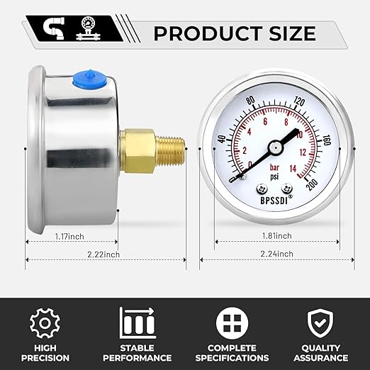 0-200 Psi Low Pressure Gauge, 2" Dial Size, 1/8 NPT Back Mount, Stainless Steel Case for Water Pressure Gauge Test for Water Pipe, HVAC(with Tape)