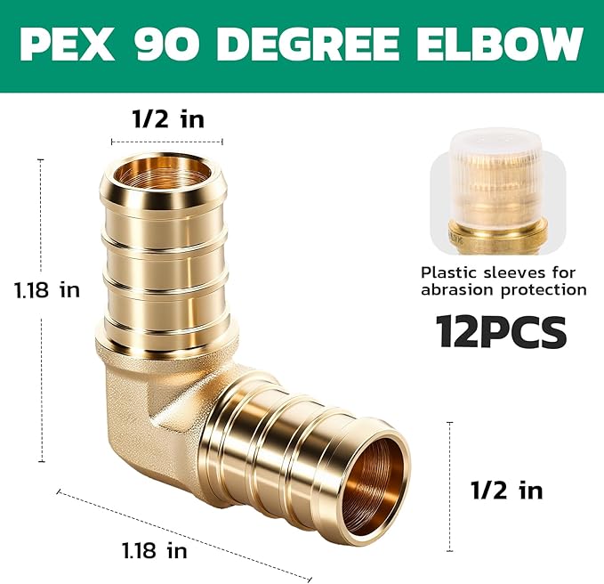 PEX Fittings 1/2 Inch, 12PCS Elbow Lead-Free Brass Connectors for PEX B Pipe, NSF UPC Certified, ASTM F1807, Compatible with Crimp/Clamp Rings (Hot/Cold Water, Hydronic Heating)