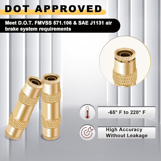 Siptenk 1/4 Air Line Quick Connect Fittings 5PCS, DOT Brass Straight Union 1/4" OD Tube Air Brake Line Push to Connect Fittings for Truck Trailers Industry Air System