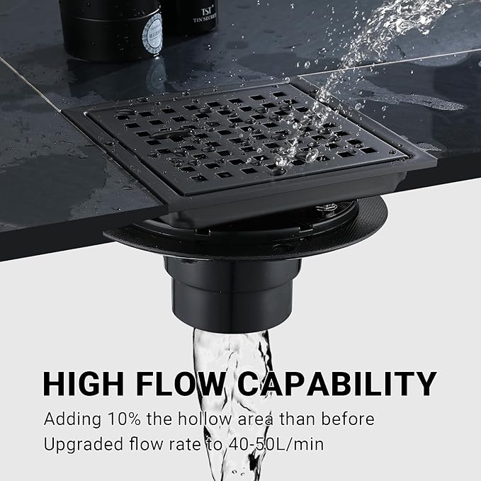 4 Inch Square Shower Floor Drain, Stainless Steel Black Shower Drain Kit with Flange, Floor Drain with Removable Grid Cover,Matte Black