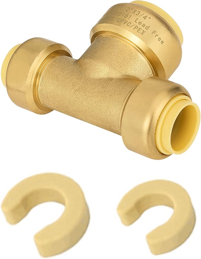 Push-Fit Fitting Tee 1/2" x 1/2"x 3/4” to Connect Pex, Copper, CPVC Pipe with Two Size Disconnect Tool Clips,(PF134),(PF134)