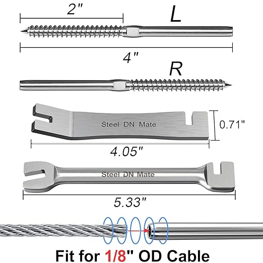 Steel DN Mate 100 Pack T316 Stainless Steel Right&Left Handed Thread Swage Lag Screws for Wood Post of 1/8" Steel Cable Railing Kit, Cable Railing Hardware, DIY Deck Railings, Wrench Include-DM50