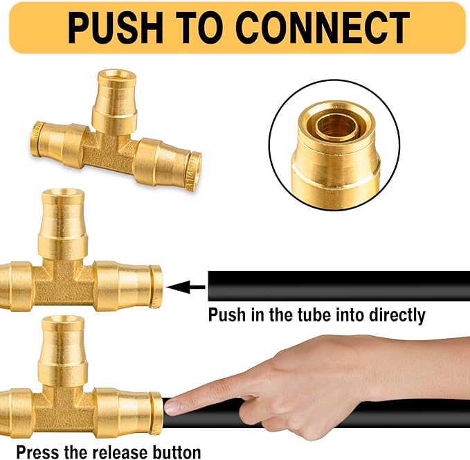 1/4" DOT Air Fittings,1/4" Tube OD Tee Union Brass Air Brake Line Fittings Push in Fitting, Push to Connect Union Fittings, for Trucks Trailers Use and Air System Industria Workshops (4 PCS)