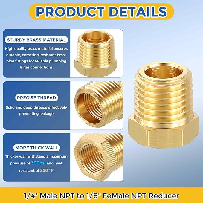 4 Packs Brass Pipe Fittings, 1/4" Male NPT to 1/8" FeMale NPT Brass Hex Bushing Reducer, Hose Tube Threaded Adapter for Air, Oil, LP