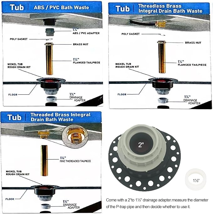 Freestanding Tub Drain Rough-in Kit Compatible with Universal Freestanding Bathtub Floor Mounted Bathtub and Copper Bathtub with PVC Plastic Adapter and Brass Tail Pipes Freestanding Tub Drain Kit
