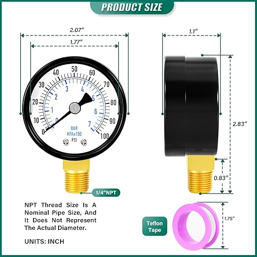 0-100psi Well Pump Pressure Gauge 1/4" NPT 2" Face Dial Size Lower Mount, Multifunctional Practical Dry Pressure Gauge, for Water, Oil and Air Compressor
