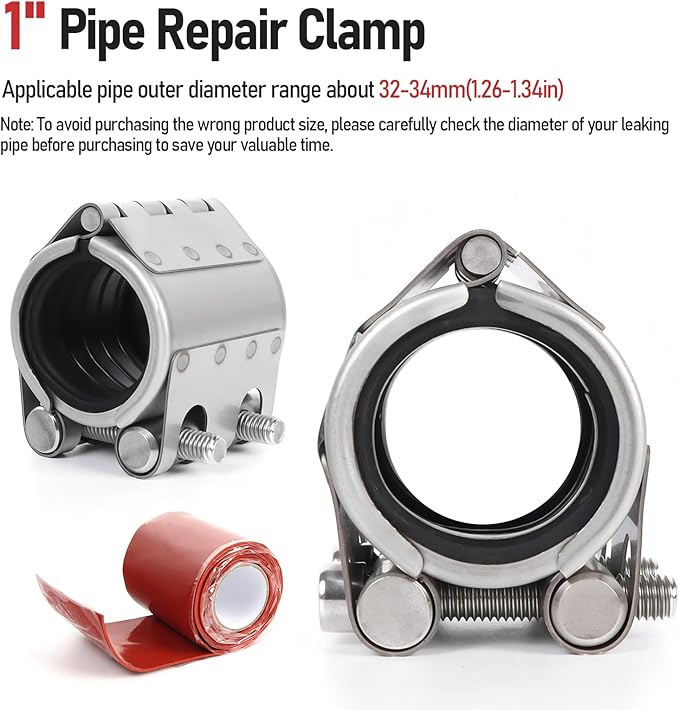 Kodilin Upgraded Pipe Repair Clamp with M1 Self-Adhesive Leak-Sealing Tape | 304 Stainless Steel Rust-Proof Emergency Pipe Repair Kit for Plastic & Metal Pipes, 1"(32-34mm)