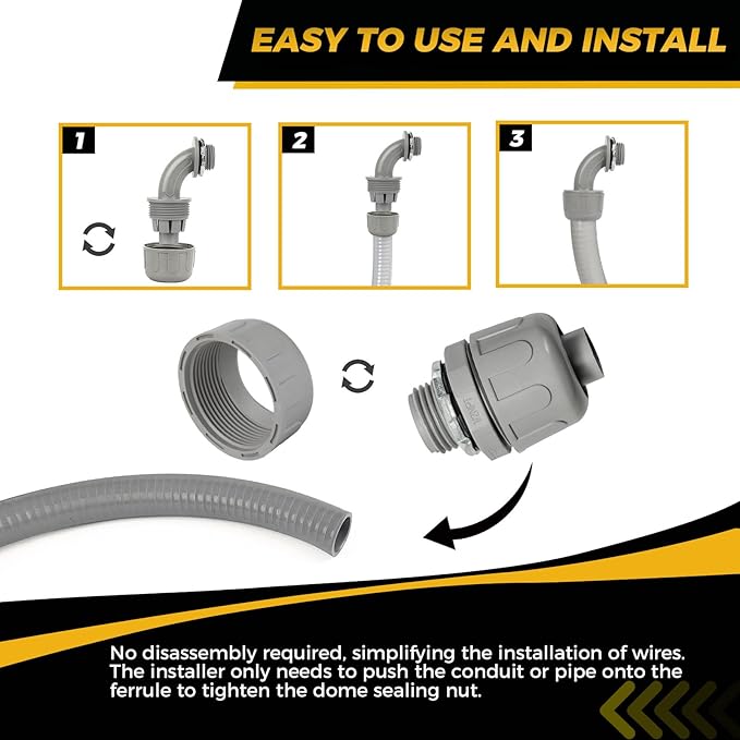 Conduit Connectors, 1/2 Inch Liquid Tight Connector NPT Non-Metallic for PVC Electrical Flexible Conduit Fittings, 15 Straight and 15 Angle 90 Degree, UL Listed, Grey (30-Pack)