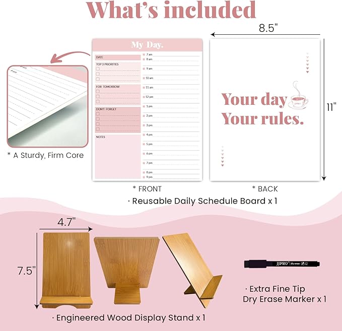 JJPRO Reusable Desktop Daily Planner with Stand,Hourly Dry Erase Board,11"x8.5"Schedule Board,Dry Erase Time Schedule with Time Slots, Desk Hourly Dry Erase Board w/Engineered Wood Stand-Pink