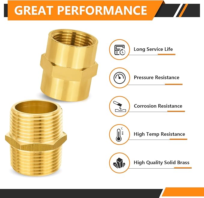 4-PCs HeSun Brass Pipe Fittings Combo, 2-PCs 1" NPT Male + 2-PCs 1" NPT Female Hex Nipple Adapter
