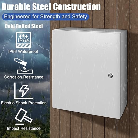 LeMotech Electrical Box 20 x 16 x 8 inch Steel Enclosure, IP66 Waterproof Dustproof Junction Box Wall-Mounted for Outdoor/Indoor Lockable with Equipment Mounting Plate