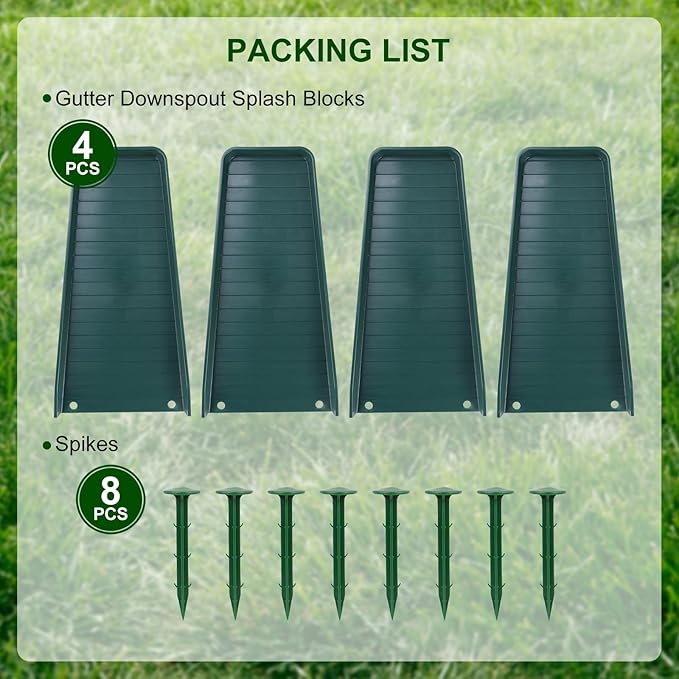 4 Pack Gutter Downspout Extensions,Rain Gutter Downspout Splash Block,Downspout Diverter,Down Spout Drain Extension,Gutter Splash Prevention Device for Cement Floor Lawn Ground (Green)