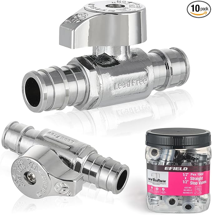 EFIELD 1/4 Turn Straight Stop Valve - Pex-A Cold Expansion 1/2" Pex X 1/2" Chrome Plated, ASTM F1960, Heavy Duty, LF Brass,(VALVE384)