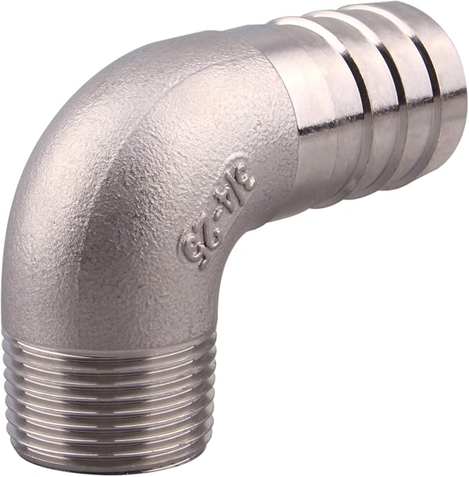 DERNORD 1" Hose Barb x 3/4" Male NPT Stainless Steel 90 Degree Elbow- Home Brew Pipe Fitting