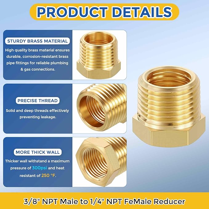 4 Pack Brass Pipe Fittings, 3/8" NPT Male to 1/4" NPT FeMale Brass Hex Bushing Reducer, Hose Tube Threaded Adapter for Air, Oil, LP
