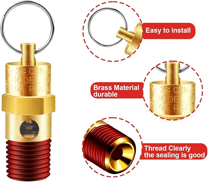 2 Pieces 1/4'' Male NPT Air Compressor Pressure Relief Valve Brass Safety Valve Air Compressor Check Valve (165 PSI)