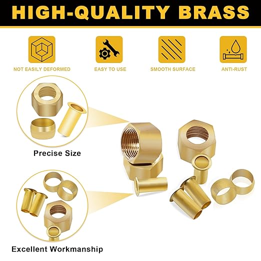 Siptenk 3/8" Brass Compression Fittings Sleeves Ferrules Inserts Nuts Fittings, 100PCS Brass Ferrule Tubing Insert Kit for DOT Air Brake Line Fittings