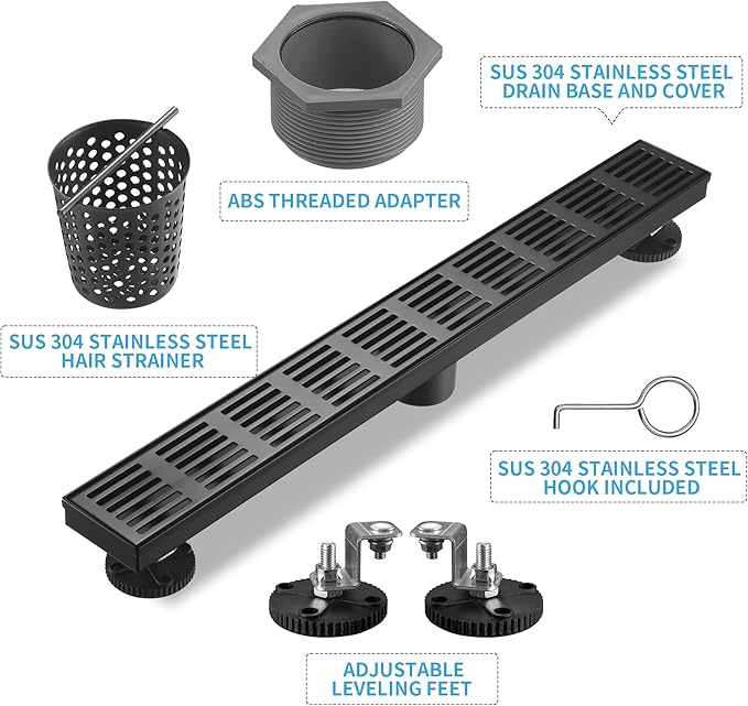 Linear Shower Drain 28 Inch, Professional Brushed SUS-304 Stainless Steel Shower Drain, 51L/Min Fast Drainage Floor Linear Drain, US Standard CUPC Certified, Matte Black, SD-109