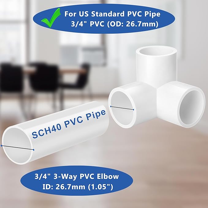 3/4 inch PVC Fitting 3-Way, 6-Pack Tee Elbow Connectors, ZhiYo Furniture-Grade SCH40 PVC Pipe Fittings for Greenhouse, Frames, Sheds, Pet Beds, Pet Enclosures, Hydroponic and Tent Structures