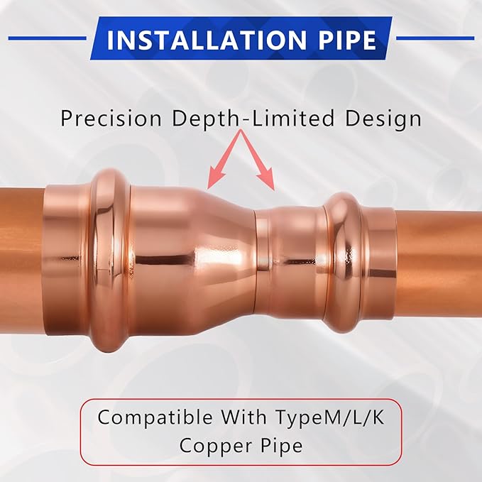 Copper Press Fittings 3/4" x 1/2" Copper Press Coupling Reducer, No-Lead Plumbing Pipe Connector | Water Supply & Hydronic Heating Systems | Durable Press Fit Design,10-Pack