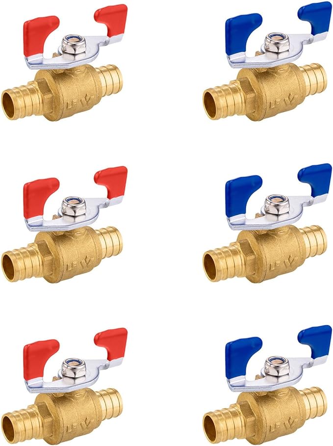 6PCS Foskan 3/4" PEX Crimp Ball Valve, Brass Full Port Shut-off Valve with Blue/Red Butterfly Handle for Portable Water Poject