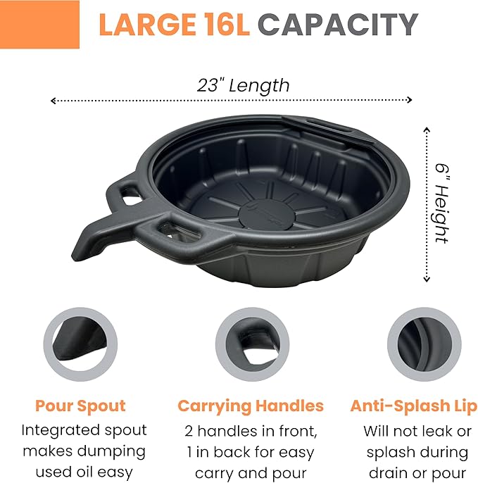 ValvoMax 16L Oil Drain Pan for Changing Oil - Large 4 Gallon (17 Quarts) Capacity with Pour Spout & Anti-Splash Lip, Heavy Duty with Carrying Handles - Sturdy and Easy to Clean