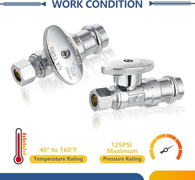 5-Pack GUOFIS Straight Stop Valve,1/2" Nominal Press Inlet x 3/8" OD Compression Outlet,1/4-Turn Shut-off Valve for Potable Water(Chrome Plated)(VALVE397-5Pack)