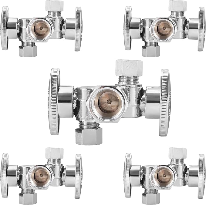 5-PCs HeSun Dual Shut Off Angle Valve, 1/2" FIP x 3/8" OD x 3/8" OD Compression, 1/4-Turn Stop Valve with 2 Shut Offs, PEX Chrome Plated Brass(VALVE140-5)