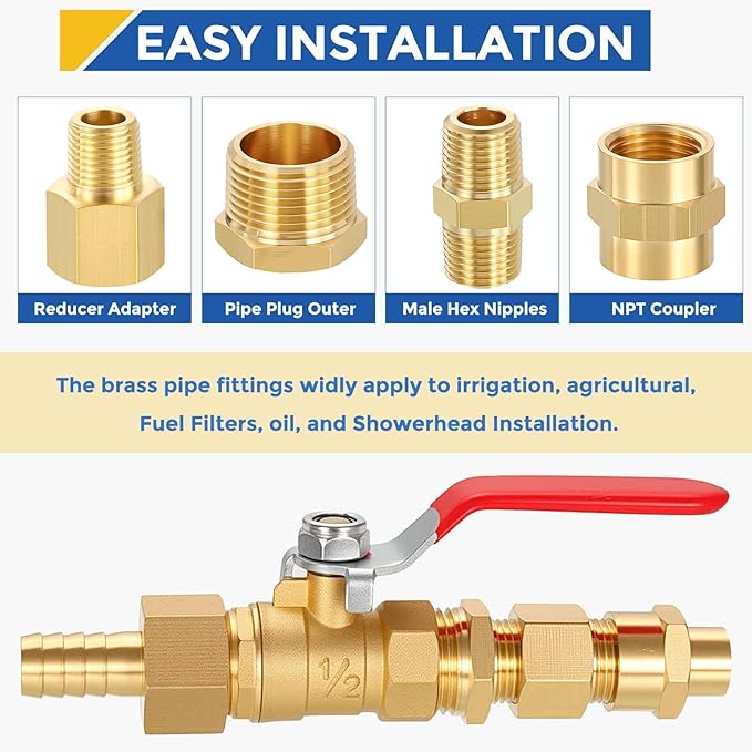 10 Pack Brass Pipe Fittings, 1/8" NPT Male to 1/8" NPT Male Brass Hex Nipple, Male Pipe Adapter Reducer for Air, Oil, LP