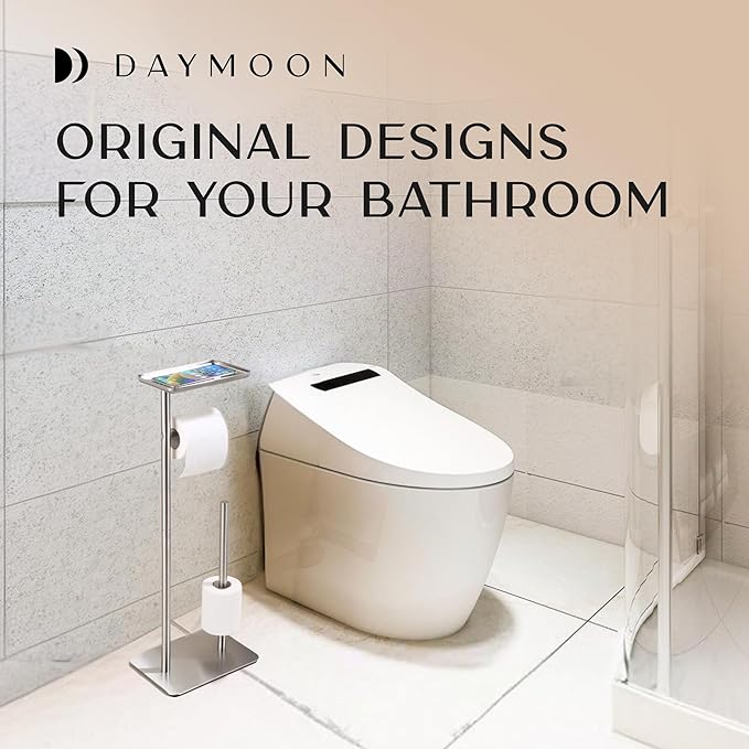 Day Moon™ Brushed Nickel Toilet Paper Holder Free Standing Toilet Paper Holder with Storage - Toilet Paper Stand and Tissue Holder for Bathroom - Toilet Paper Holder with Shelf and Wipe Holder