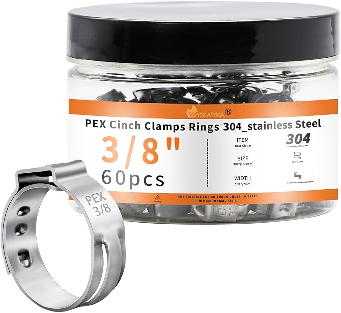 60pcs 3/8 inch PEX Cinch Clamps Rings, 304 Stainless Steel Single Ear Hose Clamps, Pex Crimp Rings for PEX Tubing Pipe Fitting Connections