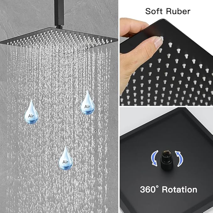 BWE Black Shower Faucet 16 Inch Square Luxury Rain Mixer Shower System Sets Complete 2-Functions Pressure Balancing Ceiling Mount Rainfall Rough-in Valve Body and Trim Included