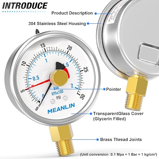 MEANLIN MEASURE 0~30Psi Stainless Steel 1/4" NPT 2.5" FACE DIAL with Reset Pointer Liquid Filled Pressure Gauge WOG Water Oil Air, Lower Mount, with Brass Hex Bushing