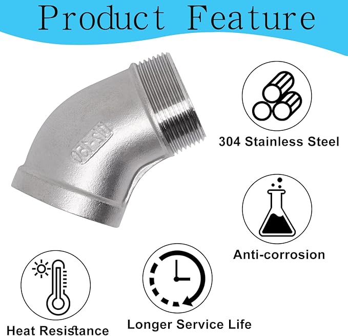 1PCS 304 Stainless Steel 45 Degree Elbow, 1-1/2" NPT Male Pipe to 1-1/2" NPT Female Coupler, Heavy Duty Forged Street Elbow Adapter Pipe Fittings, Class 150