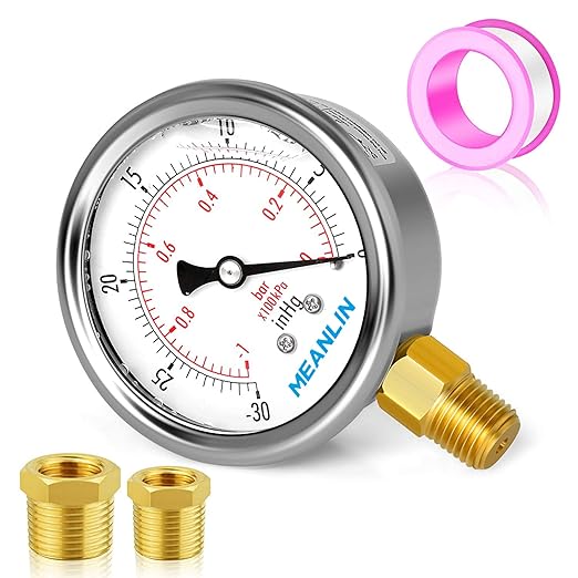 MEANLIN MEASURE -30inHG~0Psi Stainless Steel 1/4" NPT 2.5" FACE DIAL Vacuum Pressure Gauge, Lower Mount, with 1/2" NPT and 3/8" NPT Hex Bushing