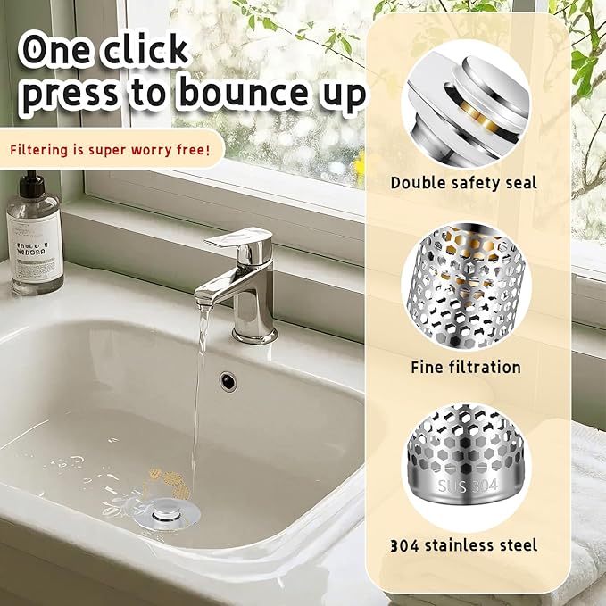 2Pack Bathroom Sink Stopper 1.06"-1.50", Universal Bathroom Sink Drain Pop Up Stopper for US Bathroom Sink Stainless Steel Floor Drain Filter, U.S. Standard Universal Drain Filter (Silver)