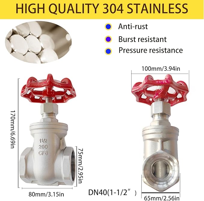 304 Stainless Steel Gate Valve, 1-1/2" NPT Stainless Steel Female Threaded Rotary globe valve for water flow switches, fuel water vapor, air switches, for sump pumps and air compressors DN40