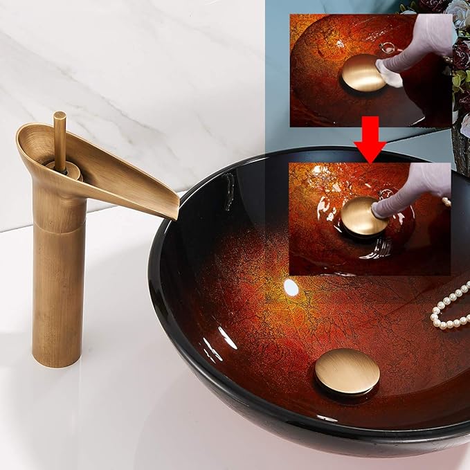 Antique Brass Pop Up Bathroom Vessel Sink Drain Stopper,Built-in Anti-Clogging Strainer, Fits Standard American Drain Hole(1-1/2" to 1-3/4"), with Overflow RWF083R