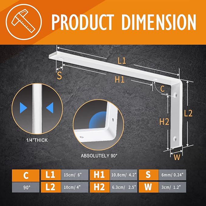 CLT White Shelf Bracket, 6” X 4” Quarter Inch (1/4") Thick- Max Load: 330 lb Rustic Industrial Modern Farmhouse Heavy Duty Cold Rolled Steel Bracket for Table Bench, Space Saving DIY, Pack of 4