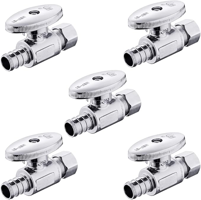 (Pack of 5) EFIELD 1/4 Turn Straight Stop Valve 3/8" OD Compression x 1/2" Pex Chrome Plated Brass,(VALVE085-5PCS)