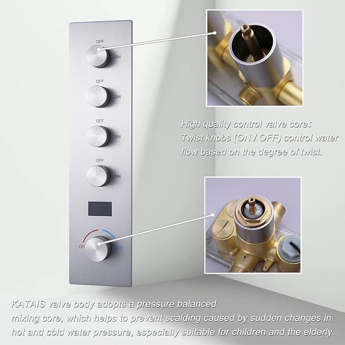 Shower Valve Concealed Shower Mixing Faucet with Temperature Display Function, Flow Control Brass Diverter Valve Kit, 4 Function Can Be Activated Simultaneously, Brushed Nickel