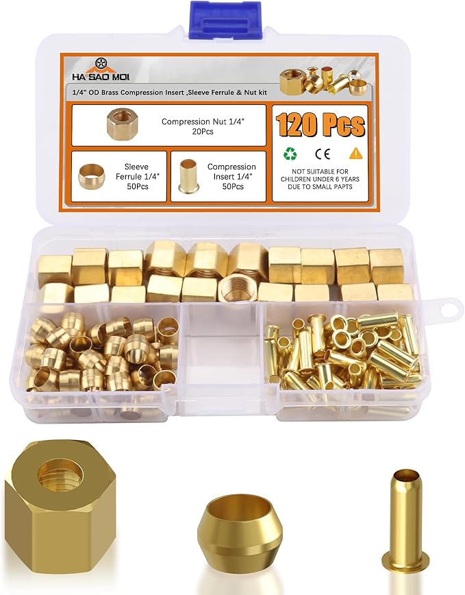 120PCS 1/4 inch Compression Fittings Assortment kit -（1/4") 50 Brass Compression Sleeve Ferrule, 50 Insert & 20 nuts - used to connect lines for air,water,fuel,oil and inert gases