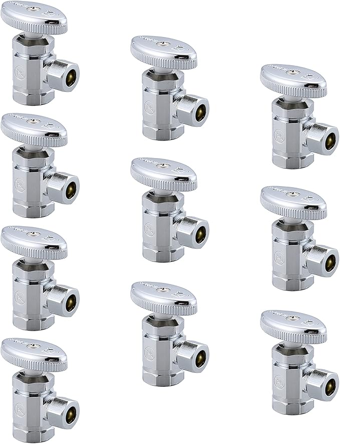 (10-Pack) Cyrret Angle Stop Shut off Valve Multi-Turn 1/2-Inch FIP Inlet X 3/8-Inch Compression Outlet, No Lead Brass Chromed, CUPC NSF AB1953 Approved