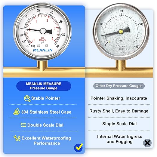 MEANLIN MEASURE -30inHG~60Psi Vacuum Gauge Stainless Steel 1/4" NPT 2" FACE DIAL Waterproof for Air Compressor HVAC Negative Pressure Hand Pump Pool Back Mount with 1/2" NPT and 3/8" NPT Hex Bushing