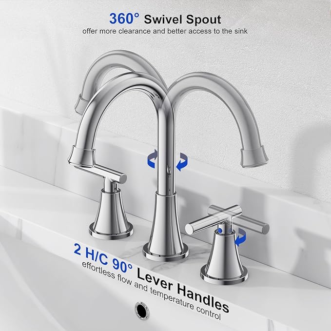 Bathroom Faucets for Sink 3 Hole, Hurran Chrome Bathroom Sink Faucet with Pop-up Drain and Supply Lines, Stainless Steel Lead-Free Widespread Faucet for Vanity RV Farmhouse, 2 Pack