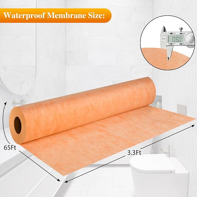 Waterproof Membrane for Shower,3.3ftx65ft Shower Waterproofing Membrane Uncoupling Band for Tile Wall Floor Bathroom Sauna Steam Room and Wet Areas,Tile Underlayment Seam Tape,23.6Mils Thick,214 Sq Ft
