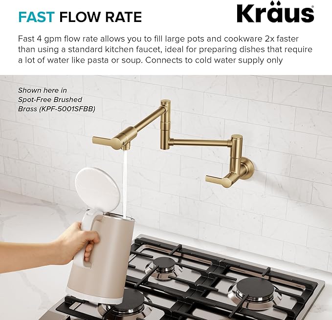 KRAUS Oletto Pot Filler Faucet with Retractable Arm, Wall Mount Kitchen Faucet, Pot Filler for Stove in Spot-Free Brushed Brass, KPF-5001SFS
