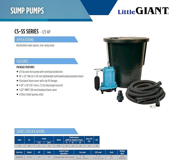 Little Giant CS-SS 115-Volt, 1/3 HP, 3000 GPH Pre-Packaged Automatic Crawl Space Sump System with 20-Ft. Cord, Blue/Black, 14940655