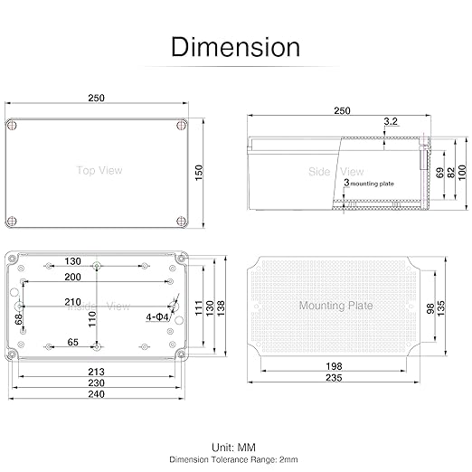 QILIPSU Junction Box with Mounting Plate 250x150x100mm, ABS Plastic DIY Electrical Project Case IP67 Waterproof Dustproof Enclosure Grey (9.8"x5.9"x3.9")